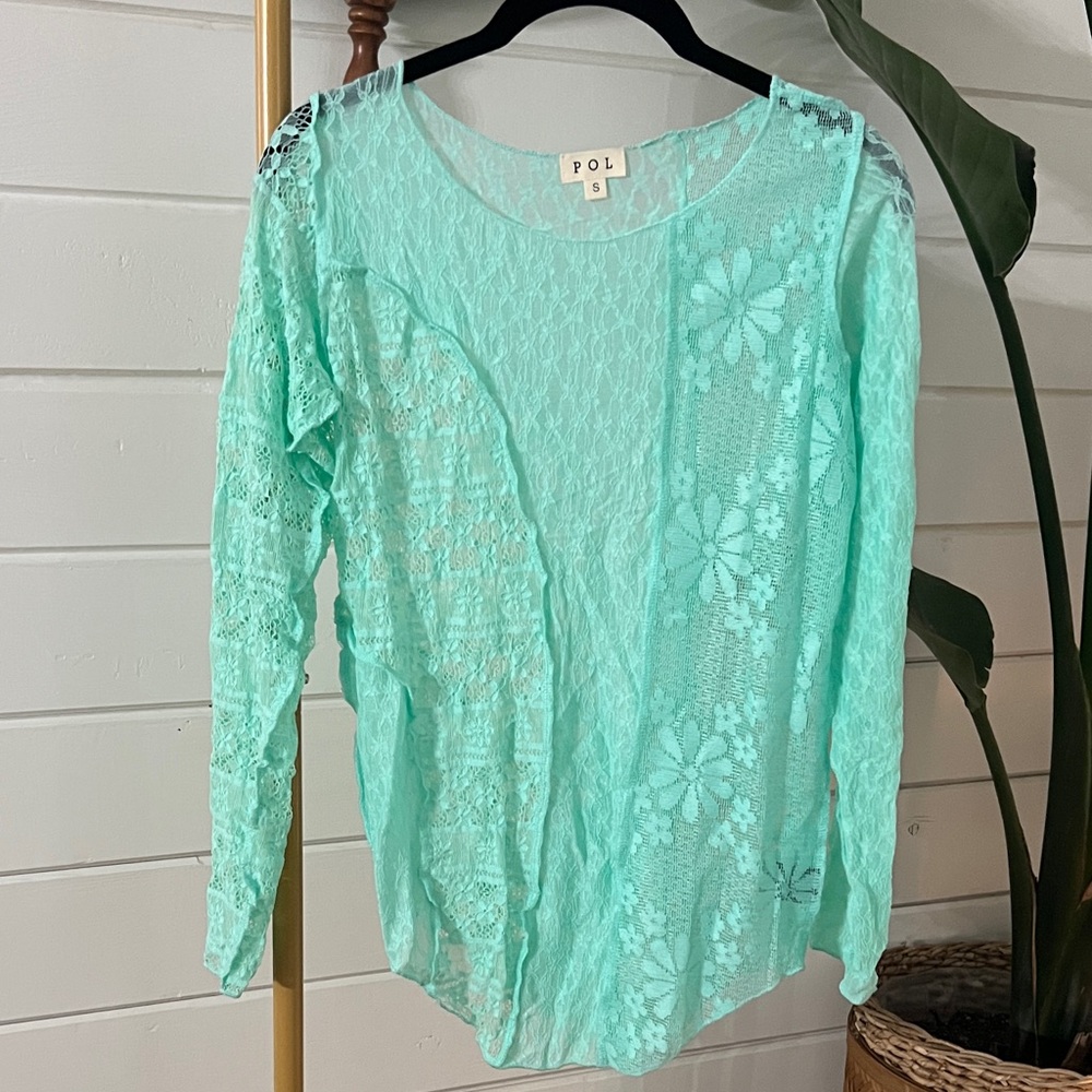 POL Women's Aqua Floral Lace Blouse